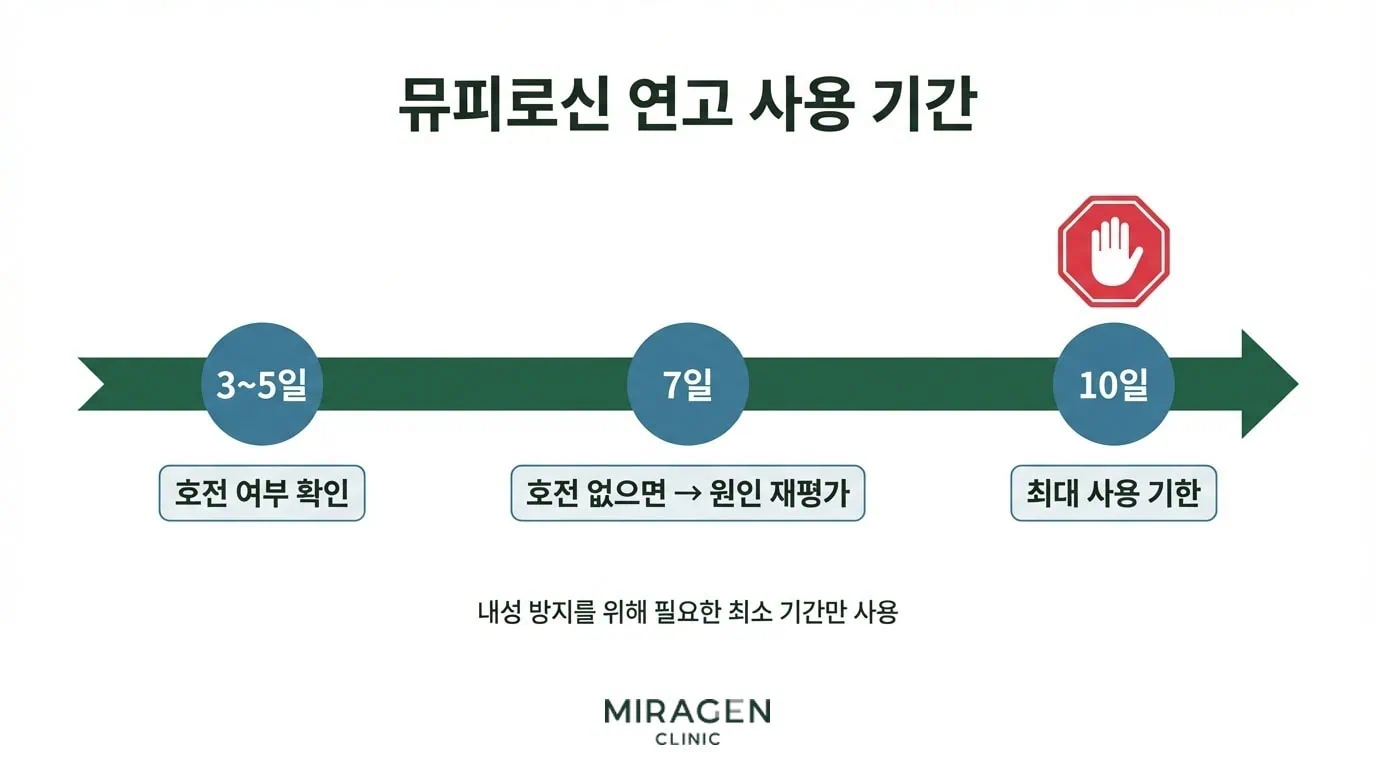 무피로신 연고 사용 기간 타임라인 — 3~5일 호전 확인, 7일 원인 재평가, 10일 최대 사용 기한