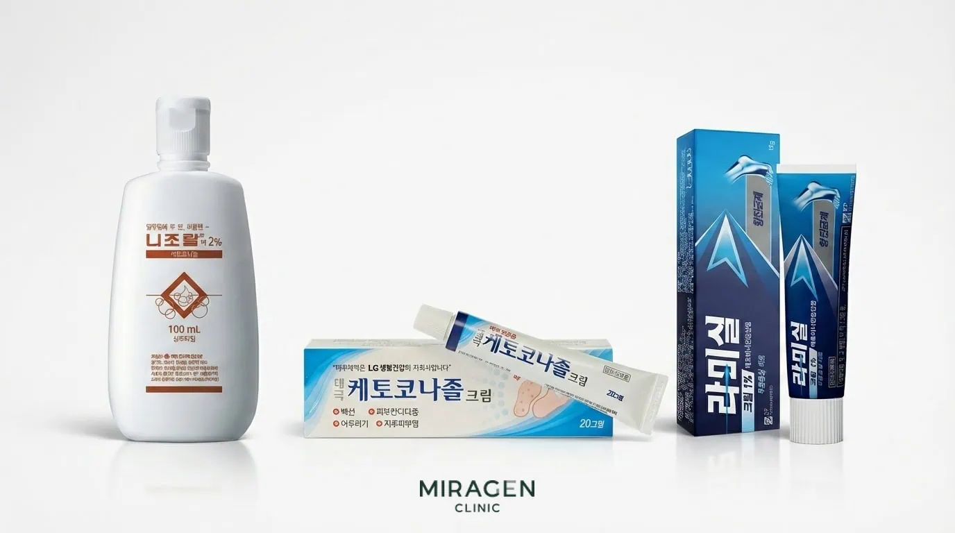 약국에서 구할 수 있는 대표 항진균제 외용제 — 니조랄 샴푸, 태극케토코나졸크림, 라미실 크림 세 가지 제품의 실물 사진을 흰 배경에 나란히 배치한 제품 사진