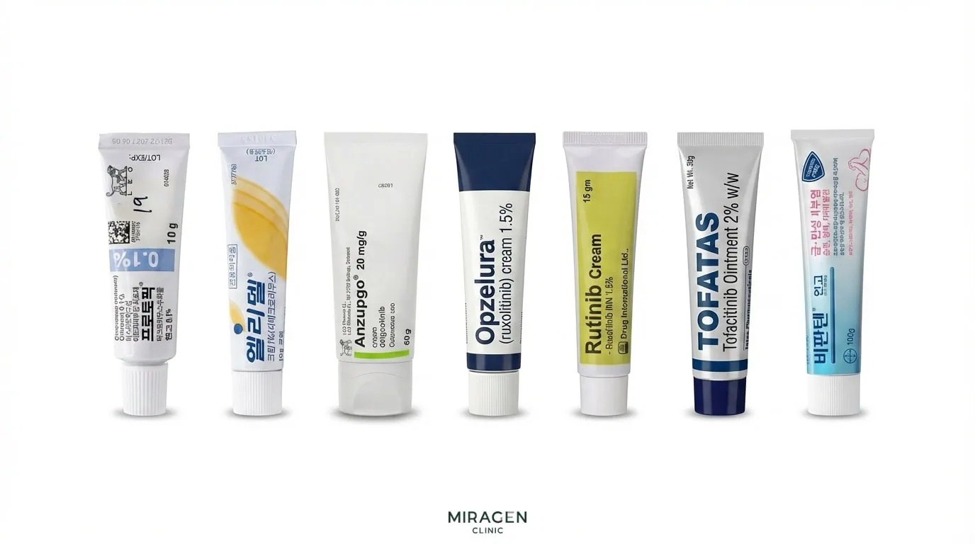 얼굴 아토피 피부염에 사용되는 비스테로이드 연고 7종 프로토픽 엘리델 앤줍고 옵젤루라 루티닙 토파타스 비판텐 제품 튜브를 나란히 비교한 사진