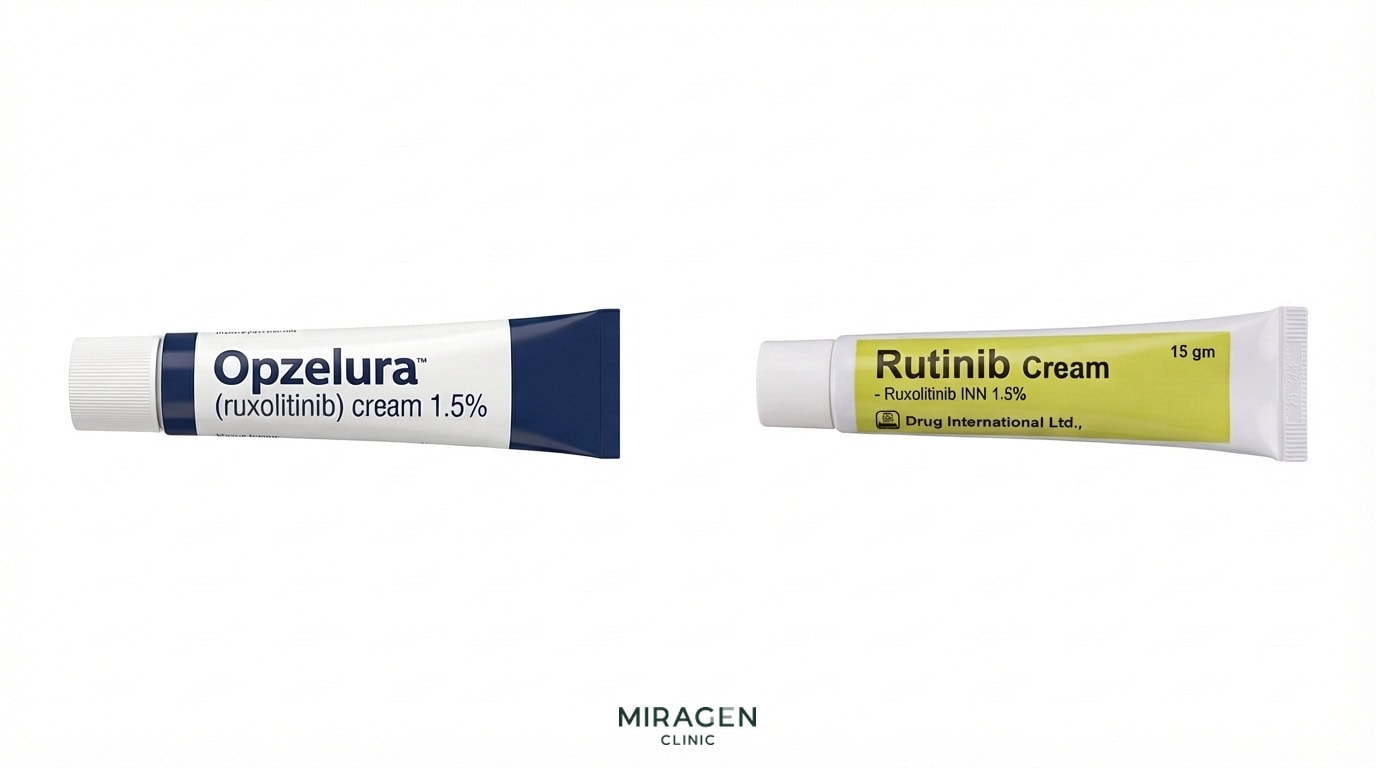 Ảnh sản phẩm kem ruxolitinib Opzelura, thuốc ức chế JAK 1/2 được FDA Hoa Kỳ phê duyệt; cùng nhóm nhưng tác động trên đường JAK khác thuốc mỡ tofacitinib và chưa được cấp phép tại Hàn Quốc