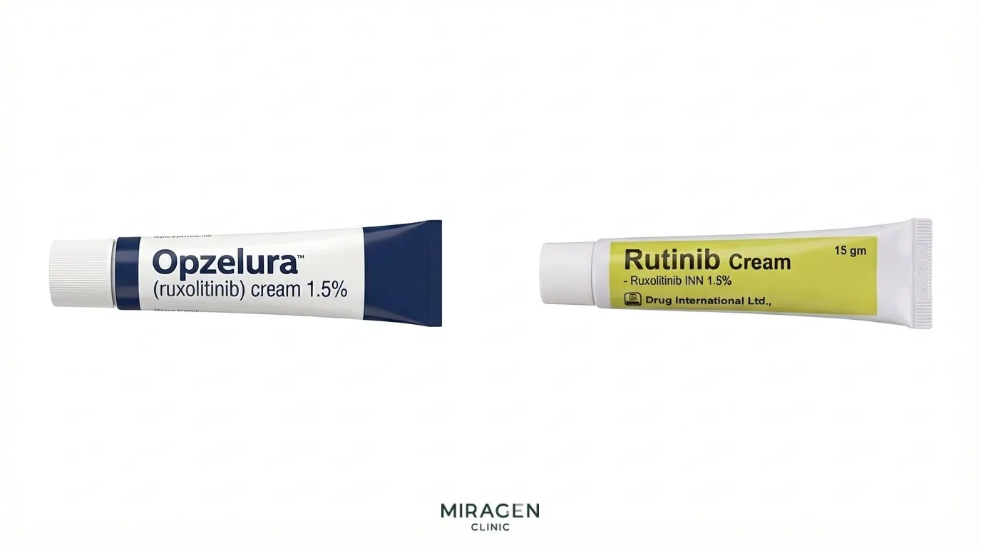 옵젤루라 크림 튜브와 루티닙 크림 튜브를 흰 배경에서 나란히 비교한 제품 사진