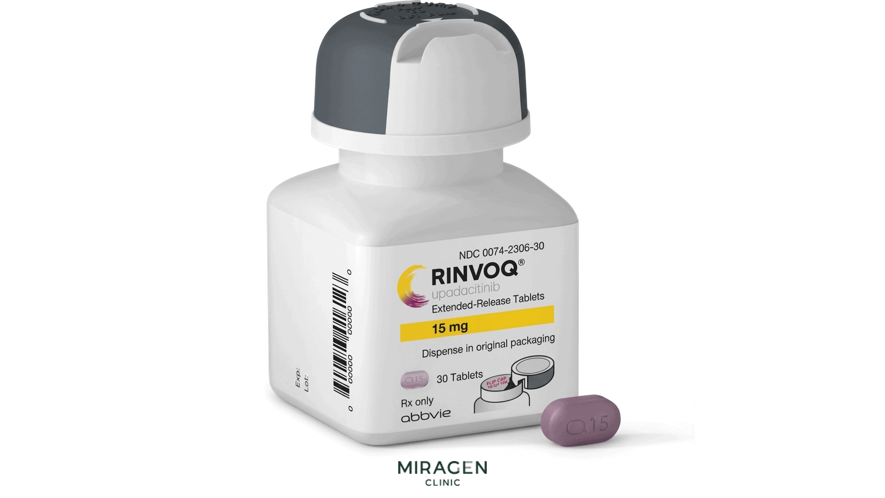 Lọ và viên Rinvoq upadacitinib 15 mg được cấp phép tại Hàn Quốc đặt trên nền trắng, một lựa chọn thuốc uống thay vì tự mua kem Opzelura hoặc Rutinib từ nước ngoài