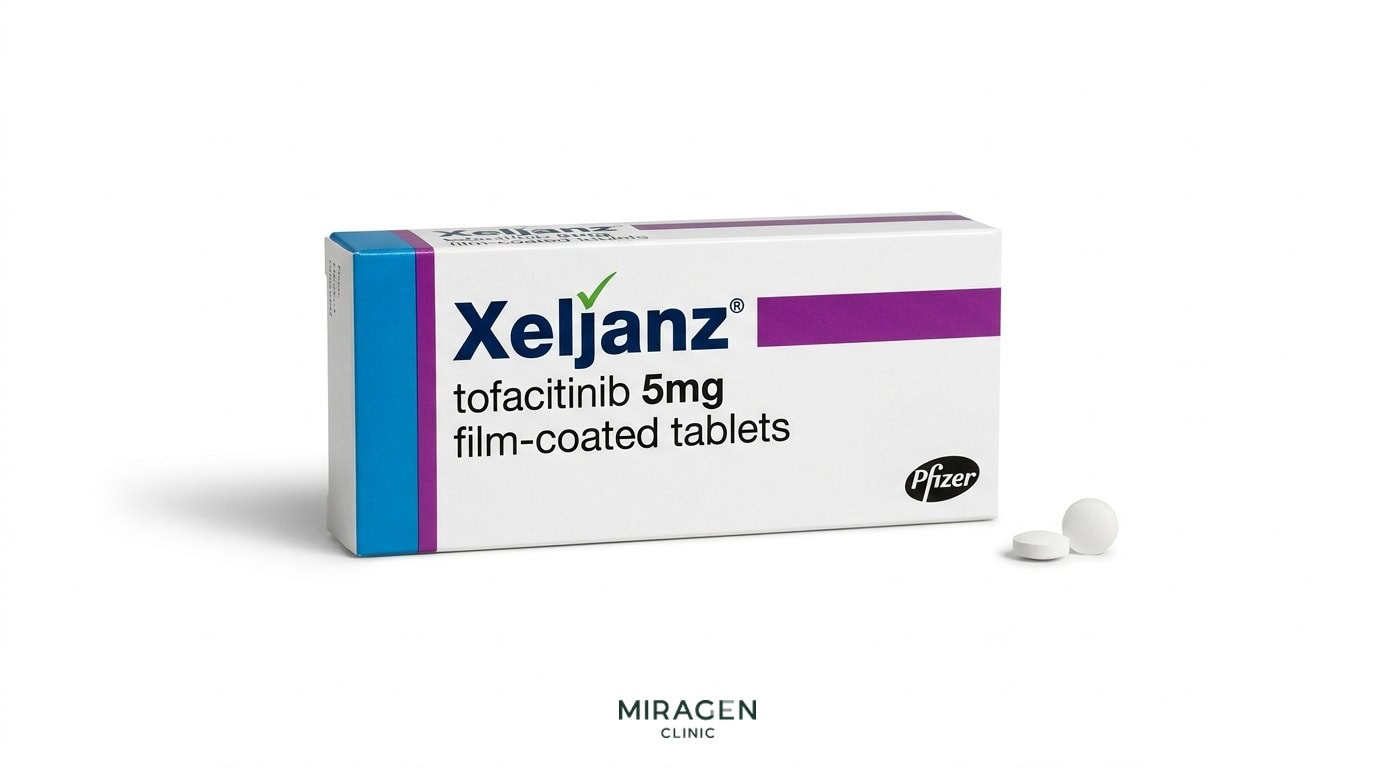 Ảnh viên uống Xeljanz tofacitinib 5 mg do Pfizer phát triển, thuốc ức chế JAK 1/3 có cảnh báo đóng khung của FDA về nguy cơ tim mạch và ung thư theo kết quả thử nghiệm quy mô lớn