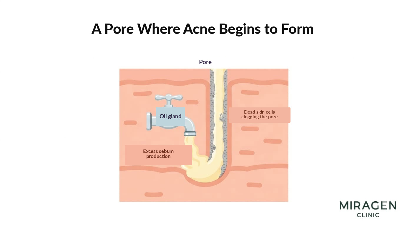 Stage where the pore begins to clog Cross-sectional illustration of a pore where acne begins to form, showing dead skin cells blocking the pore and sebum being over-secreted and accumulating, using a faucet analogy.