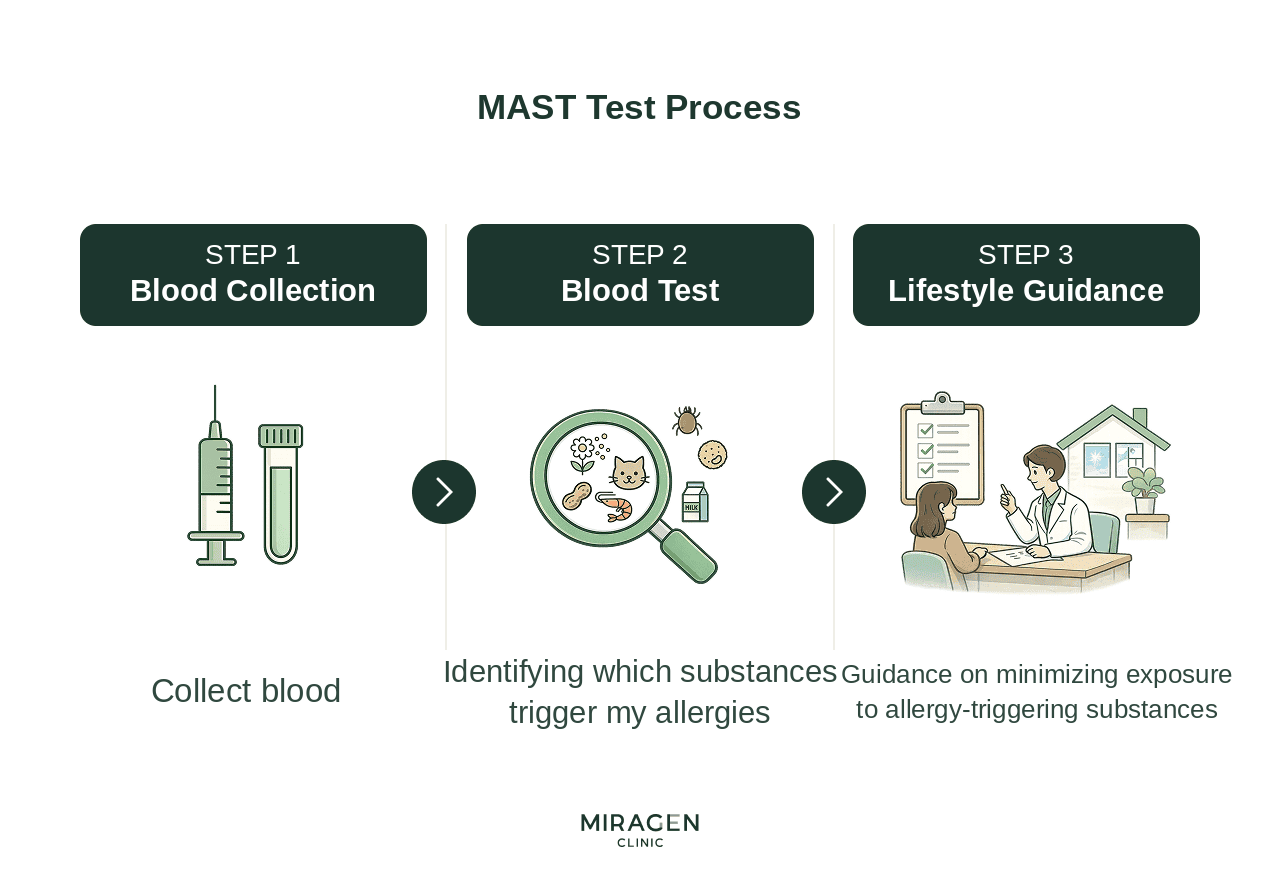 Reasons for Performing MAST Allergy Test — Infographic on Allergen Exposure and IgE Reaction Principles