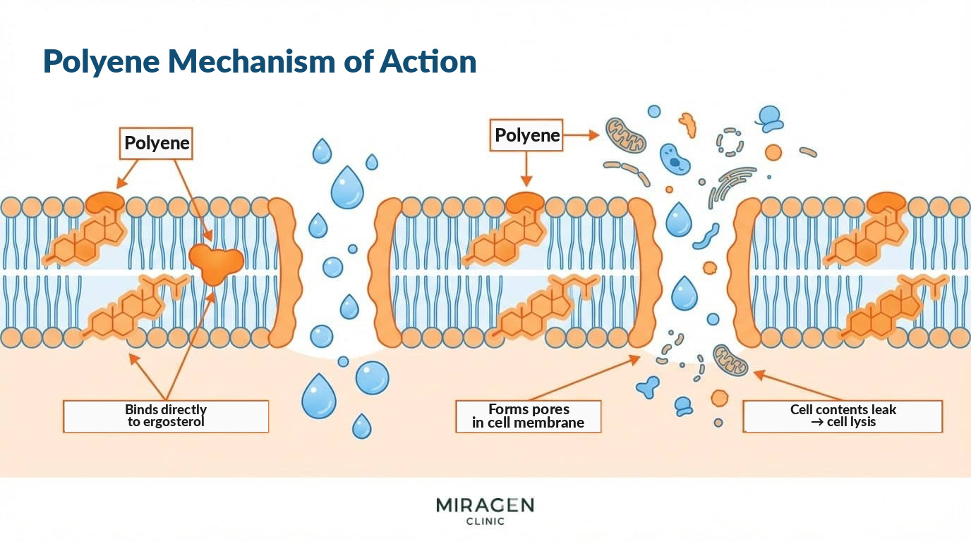 Mechanism of Polyene Antifungals — Binding directly to ergosterol to create pores in the cell membrane