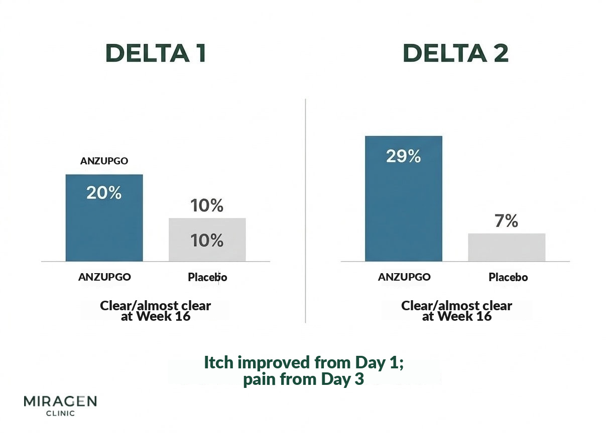 Comparison of Anzupgo Cream DELTA Clinical Trial Results An infographic comparing the 16-week results of the Anzupgo Cream Phase 3 clinical trials DELTA 1 and DELTA 2, showing that the rate of skin clearing was 2 to 4 times higher with Anzupgo than with placebo, and itching decreased from day 1.