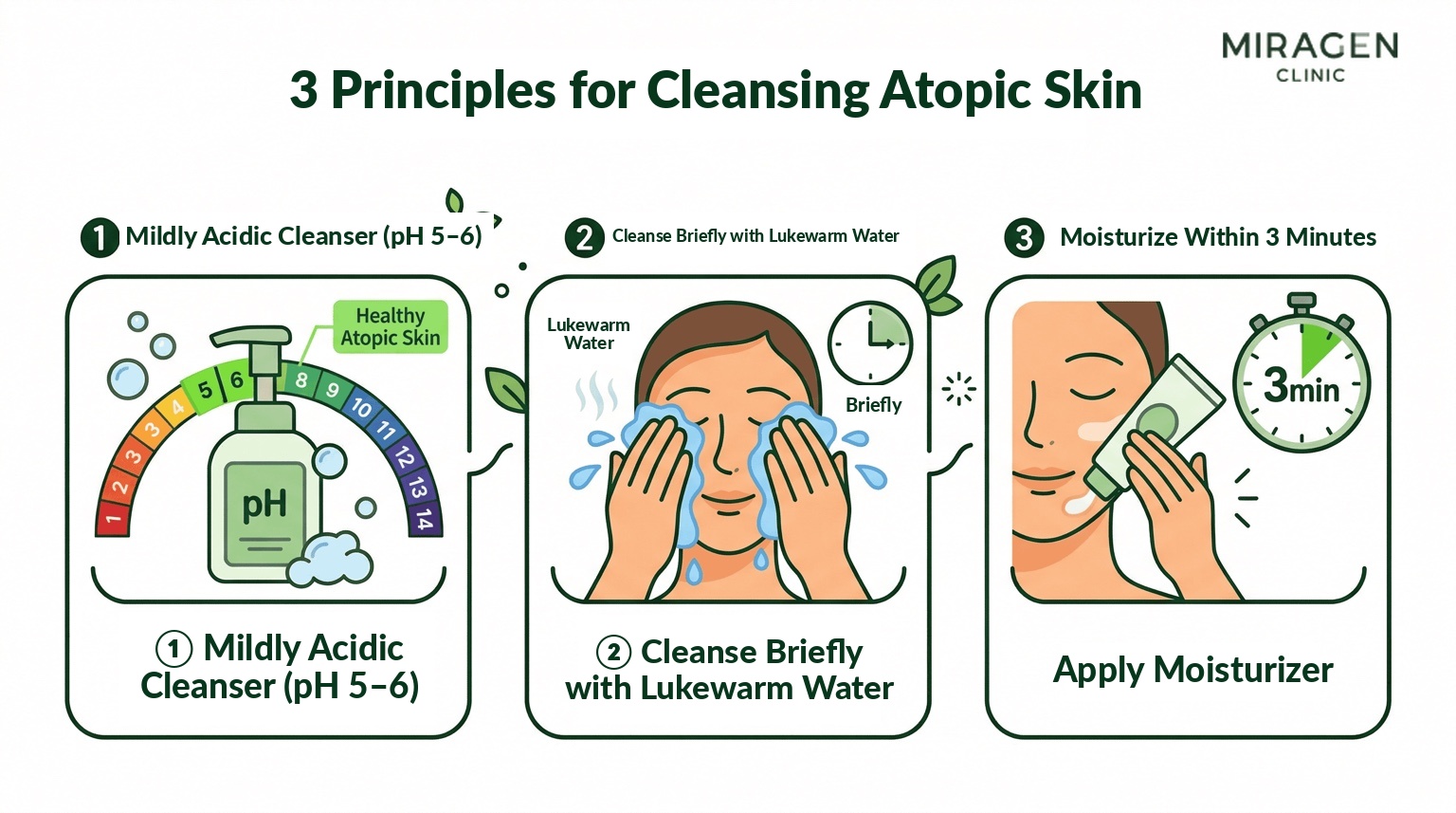Three Principles of Cleansing for Atopic Skin — Mildly Acidic Cleanser, Lukewarm Water, Moisturize within 3 Minutes Illustration showing the three correct cleansing principles for atopic and dry skin — using a mildly acidic cleanser, rinsing briefly with lukewarm water, and applying moisturizer within 3 minutes after washing.