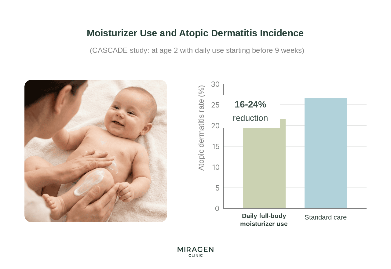 An infographic of CASCADE trial results showing a bar graph where the group that used a full-body daily emollient from before 9 weeks of age reduced the incidence of atopic dermatitis at age 2 by 16–24% compared with usual care, along with a moisturizing scene
