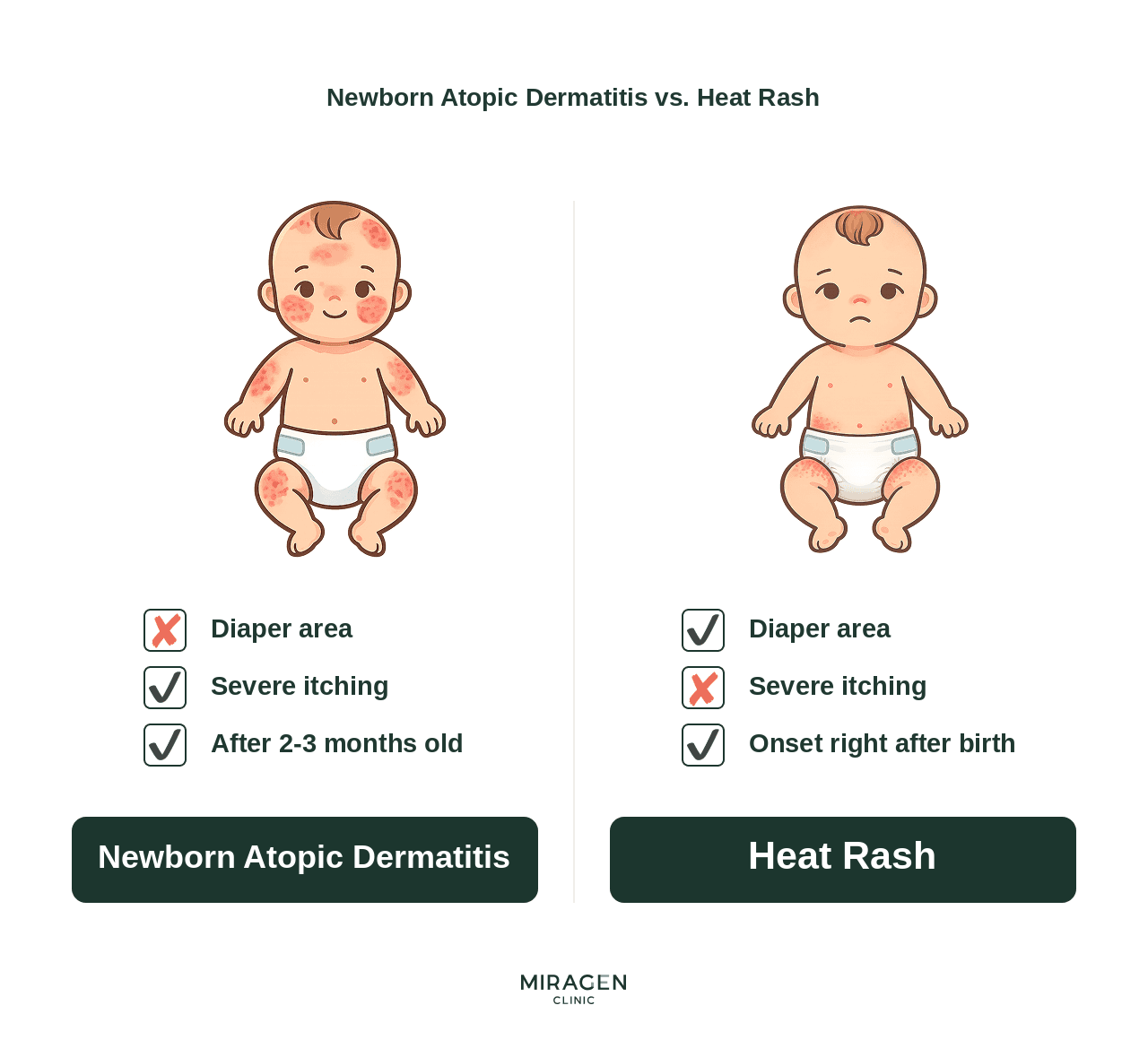 An infographic comparing newborn atopic dermatitis symptoms and heat rash by itching, diaper area, and timing of onset—summarizing the three diagnostic criteria at a glance