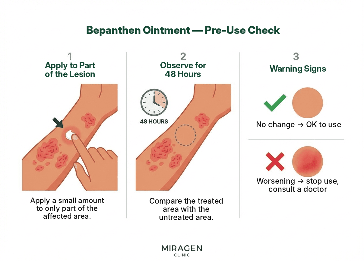 3 Steps to Check Before Using Bepanthen Ointment An illustration explaining the 3-step method to check before using Bepanthen ointment — A self-test method of applying to part of the lesion and observing for 48 hours to compare for any worsening
