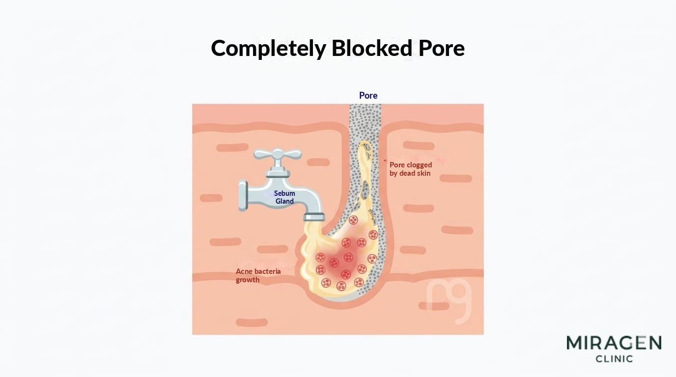 State of inflammation due to a completely blocked pore Cross-sectional illustration of a completely blocked pore showing dead skin cells blocking the pore, acne bacteria proliferating, and inflammation beginning, using a faucet analogy.
