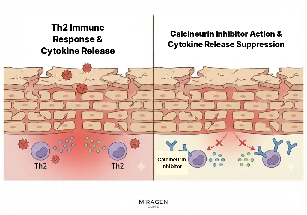 An illustration showing how calcineurin inhibitors like Protopic reduce inflammation by blocking the Th2 immune response of T cells.