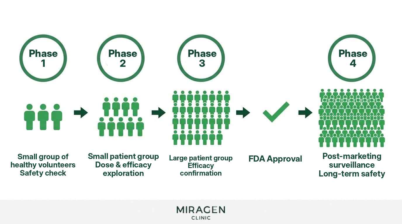 Clinical trial Phase 1–4 diagram A flowchart showing the number of participants and purpose for each phase from Phase 1 to Phase 4, explaining the structured process of clinical trials as distinct from observational studies such as cohort studies