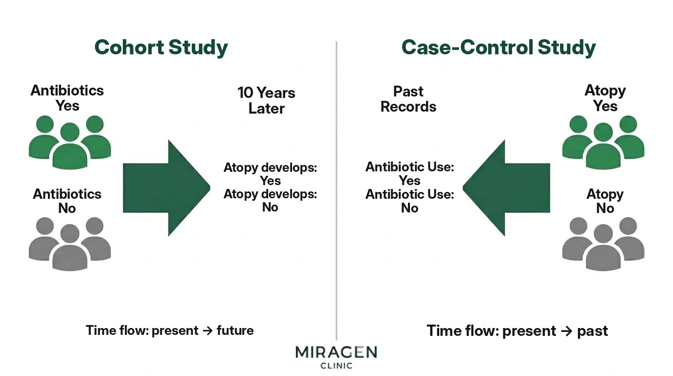 Cohort study vs. case-control study: comparing the direction of time A comparison diagram showing the difference in time direction—cohort studies track from present to future, while case-control studies track from present to past—using the antibiotics and atopic dermatitis example