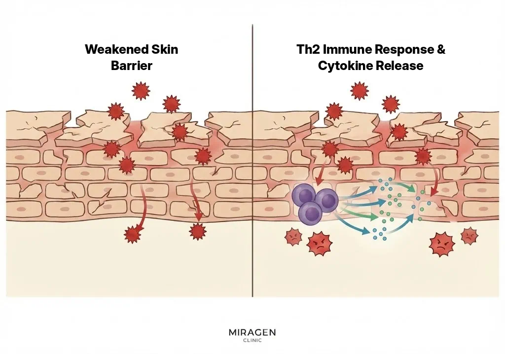 An illustration showing the process of Th2 immune response overactivation after skin barrier damage in dermatitis where Protopic is used.