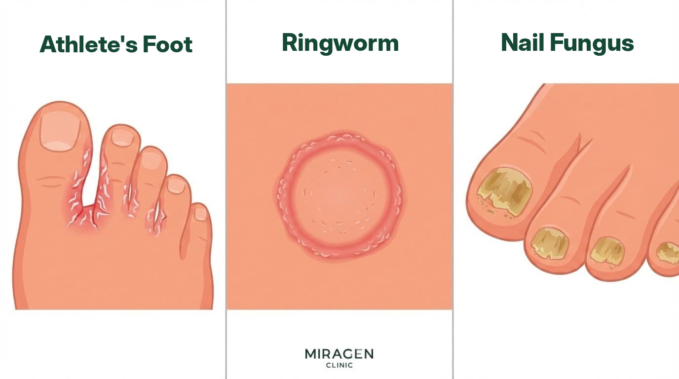 Three Typical Skin Presentations of Dermatophyte Infection — Athlete’s Foot, Ringworm, Onychomycosis