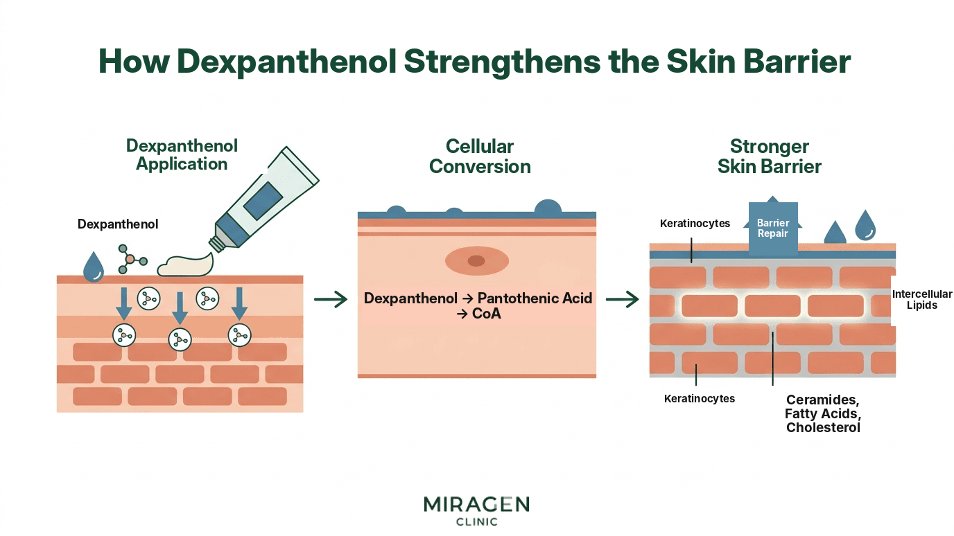 The Principle of How Dexpanthenol Strengthens the Skin Barrier An illustration showing the process where dexpanthenol is absorbed into the skin, converted into pantothenic acid and Coenzyme A, and then promotes intercellular lipid synthesis to strengthen the skin barrier