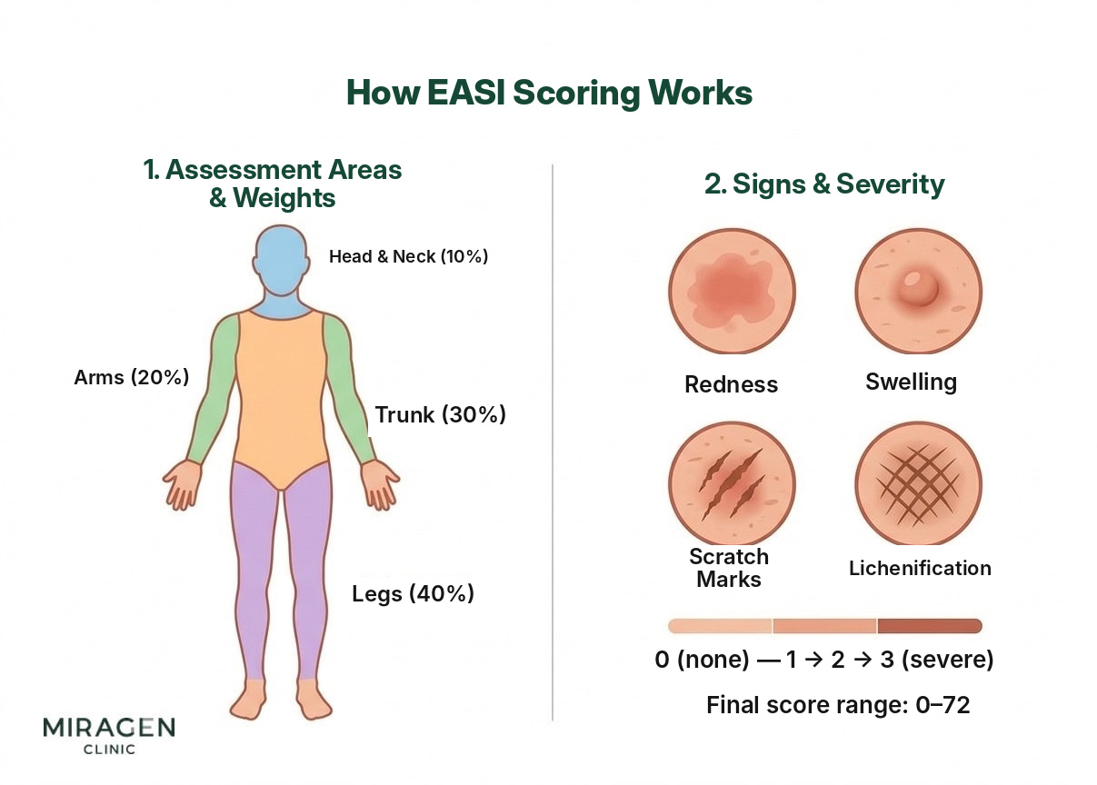 An infographic showing the EASI scoring method, illustrating the weighting for the four body areas (head/neck, arms, trunk, legs) and the four assessment items (erythema, edema, excoriation, lichenification) with their severity scales.
