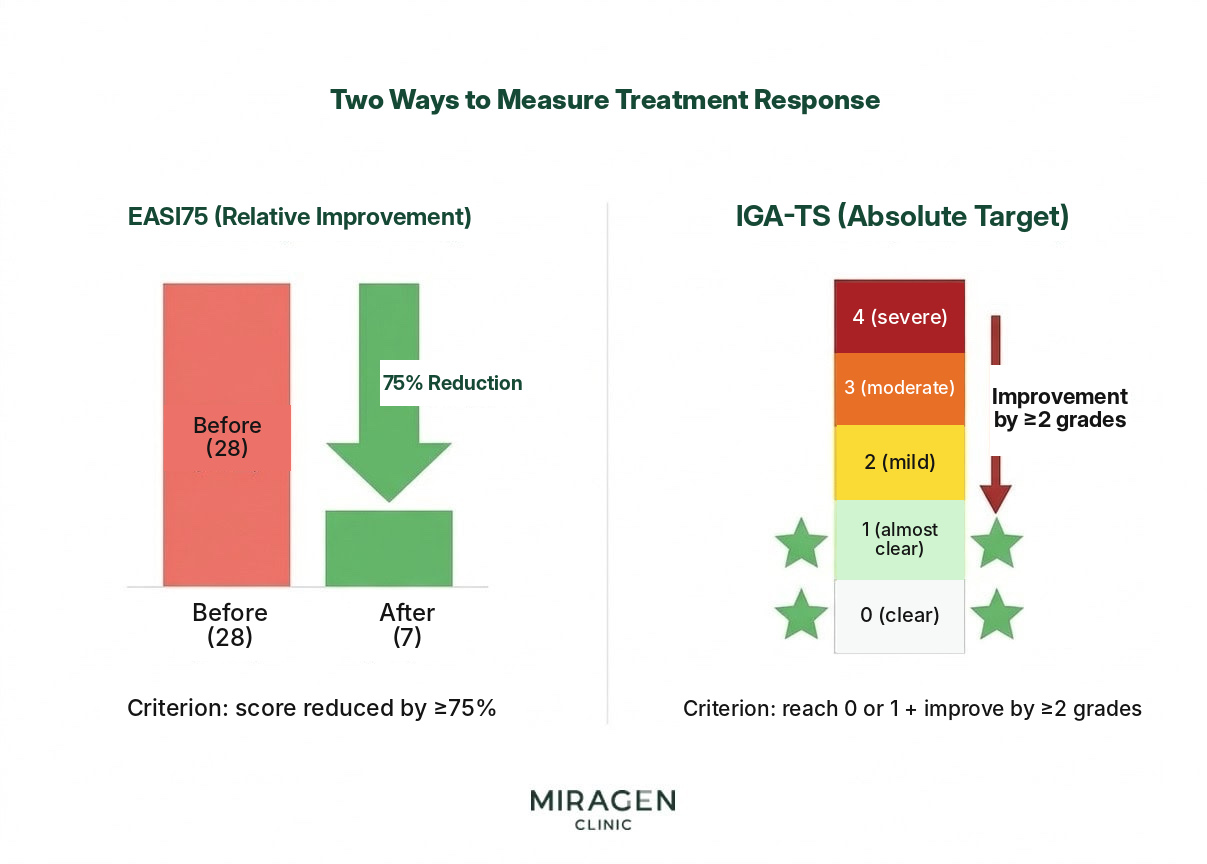 An infographic comparing EASI75 and IGA-TS treatment efficacy assessment criteria, showing EASI75 as a relative 75 percent reduction in score and IGA-TS as an absolute criterion of reaching a nearly clear state.