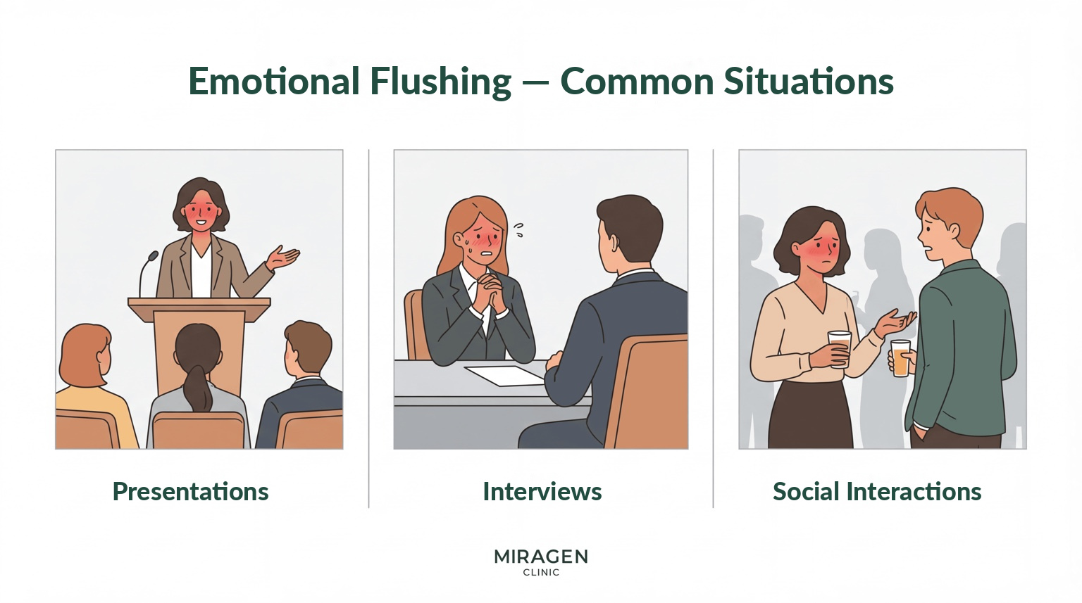 Emotional Flushing Trigger Situations An illustration showing common situations where emotional flushing occurs. It depicts the face turning red in presentations, interviews, and interpersonal situations across three panels.