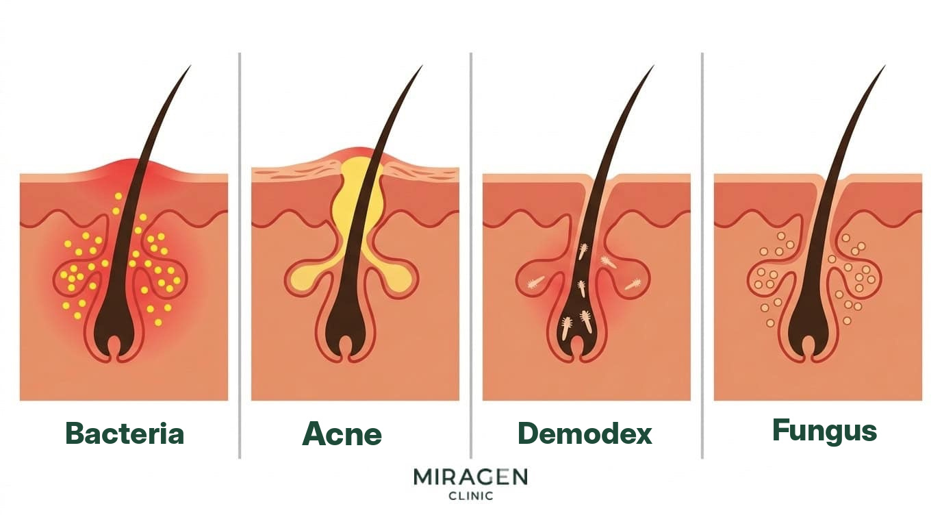 Comparison of four causes of folliculitis — a cross-sectional illustration showing differences in follicular inflammation caused by bacteria, acne, Demodex, and fungus