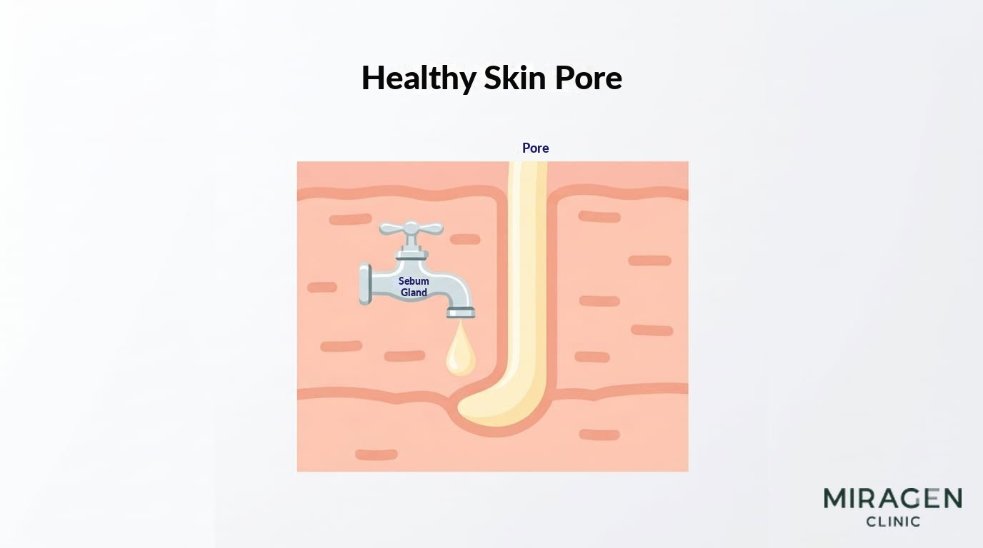 Healthy Pore — State of normal sebum discharge Cross-sectional illustration of a healthy skin pore showing sebum being normally secreted from the sebaceous gland and discharged through the pore, using a faucet analogy.