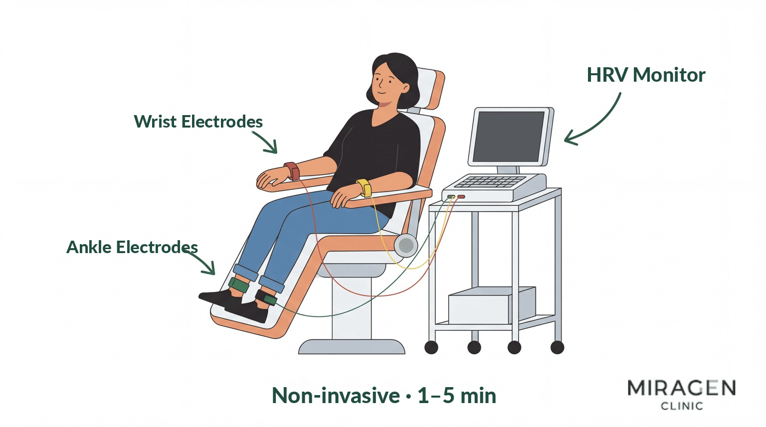 Autonomic Nervous System Test (HRV) Procedure Illustration showing the autonomic nervous system test (HRV) procedure. A patient sits comfortably with clip-type electrodes attached to both wrists and ankles while being tested with an HRV measurement device.