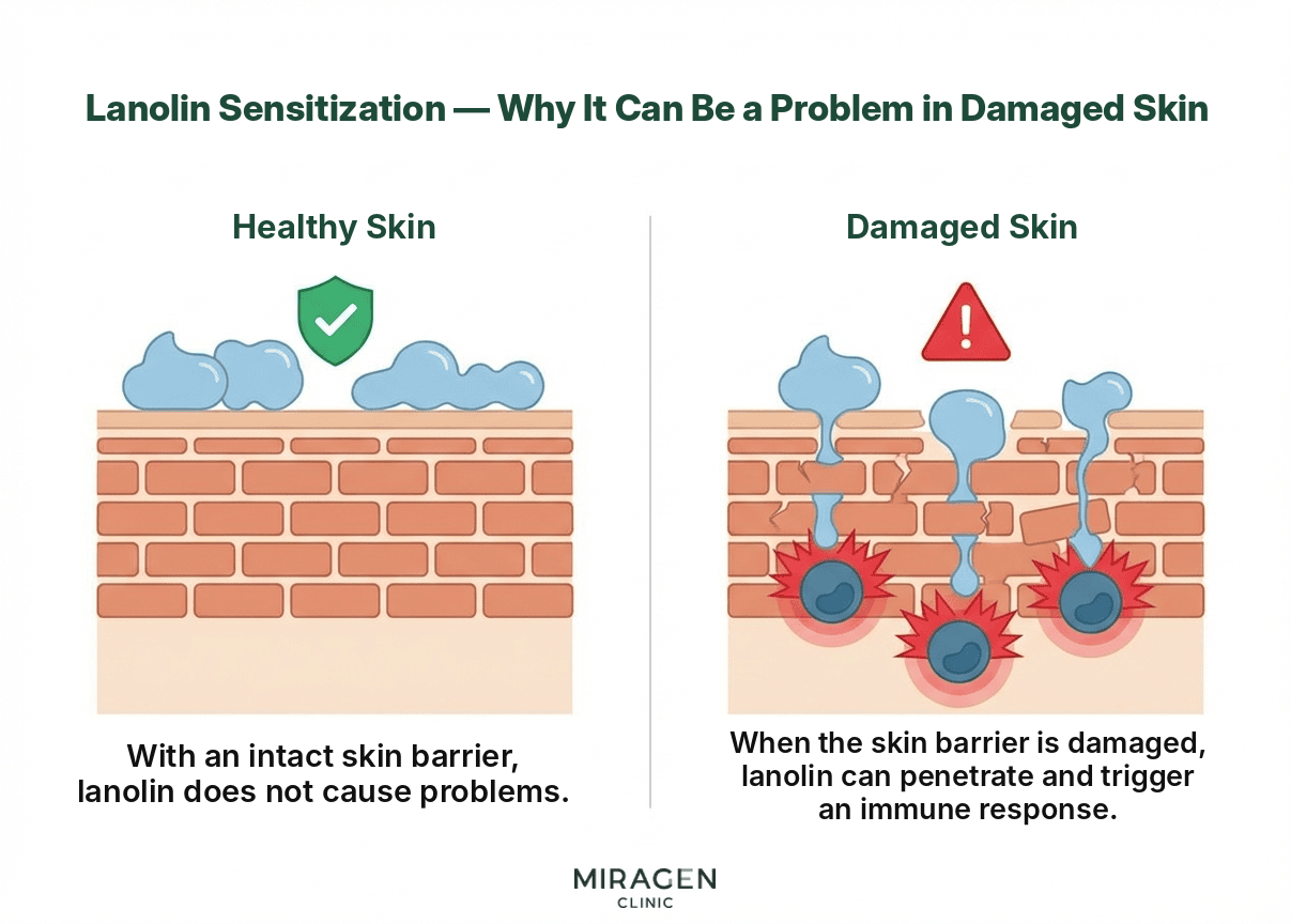 Lanolin Sensitization Mechanism — Healthy Skin vs. Damaged Skin A cross-sectional illustration of the skin barrier comparing the mechanism of lanolin sensitization in healthy skin and damaged skin — lanolin cannot penetrate if the barrier is intact, but triggers an immune response if it is damaged