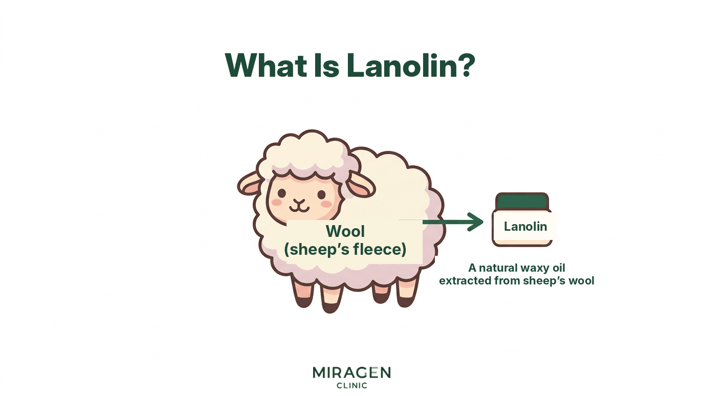 What is Lanolin? — A natural fat ingredient extracted from sheep's wool An infographic explaining that lanolin is a natural fat ingredient extracted from sheep's wool with a cute sheep illustration