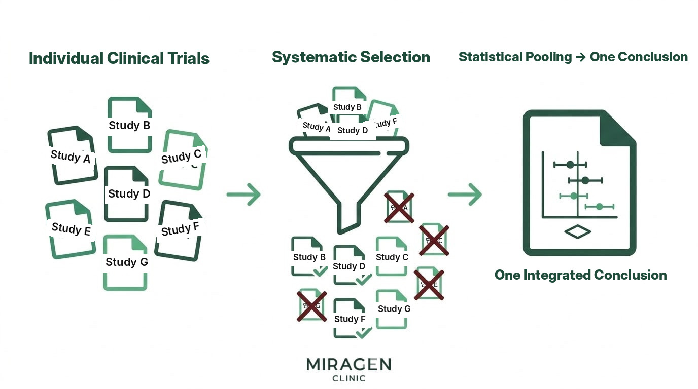 Meta-analysis process infographic An infographic visualizing the process of Cochrane systematic reviews and meta-analyses—screening multiple individual clinical trials, pooling them statistically, and deriving a single conclusion