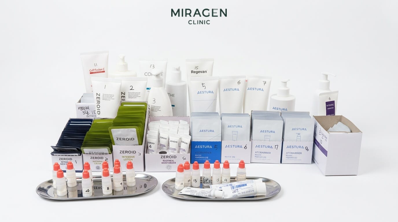 MD Cream Sample Pouches Eighteen systematically organized moisturizer samples in the MIRAGEN Clinic examination room — MD creams including Zeroid, Atobarrier, CellFusionC, and Intrinsic used for patient-specific compatibility testing