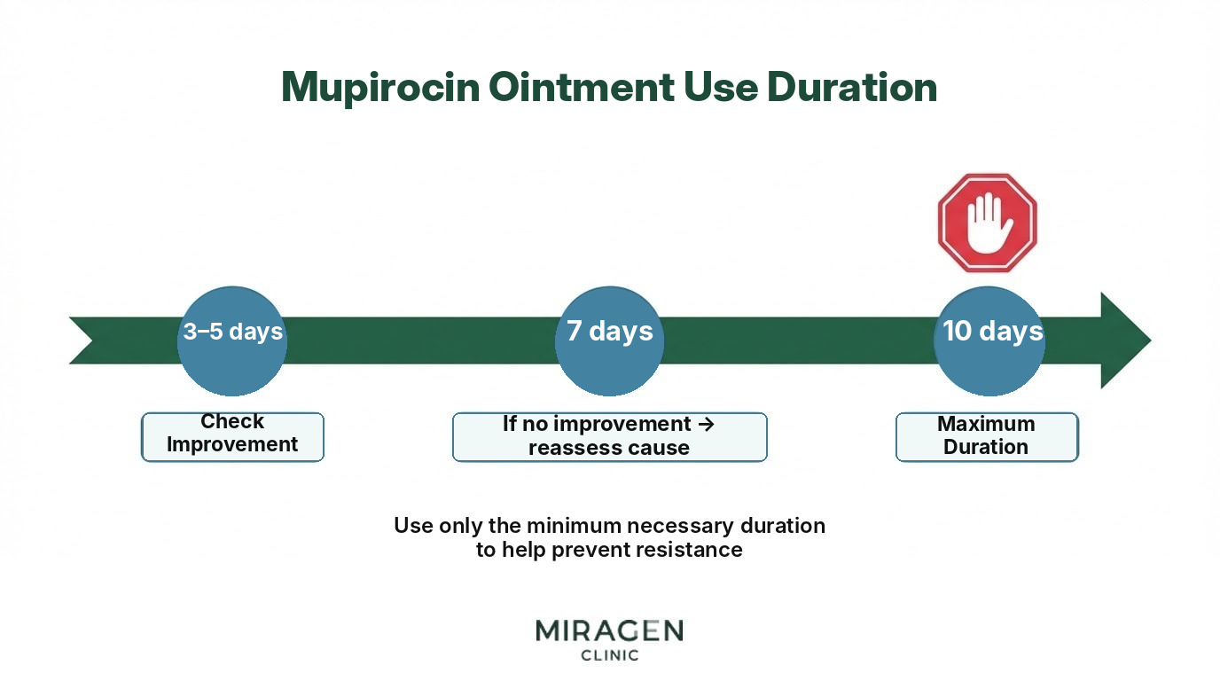 Mupirocin ointment use timeline — check for improvement at 3–5 days, reassess the cause at 7 days, maximum use limit at 10 days