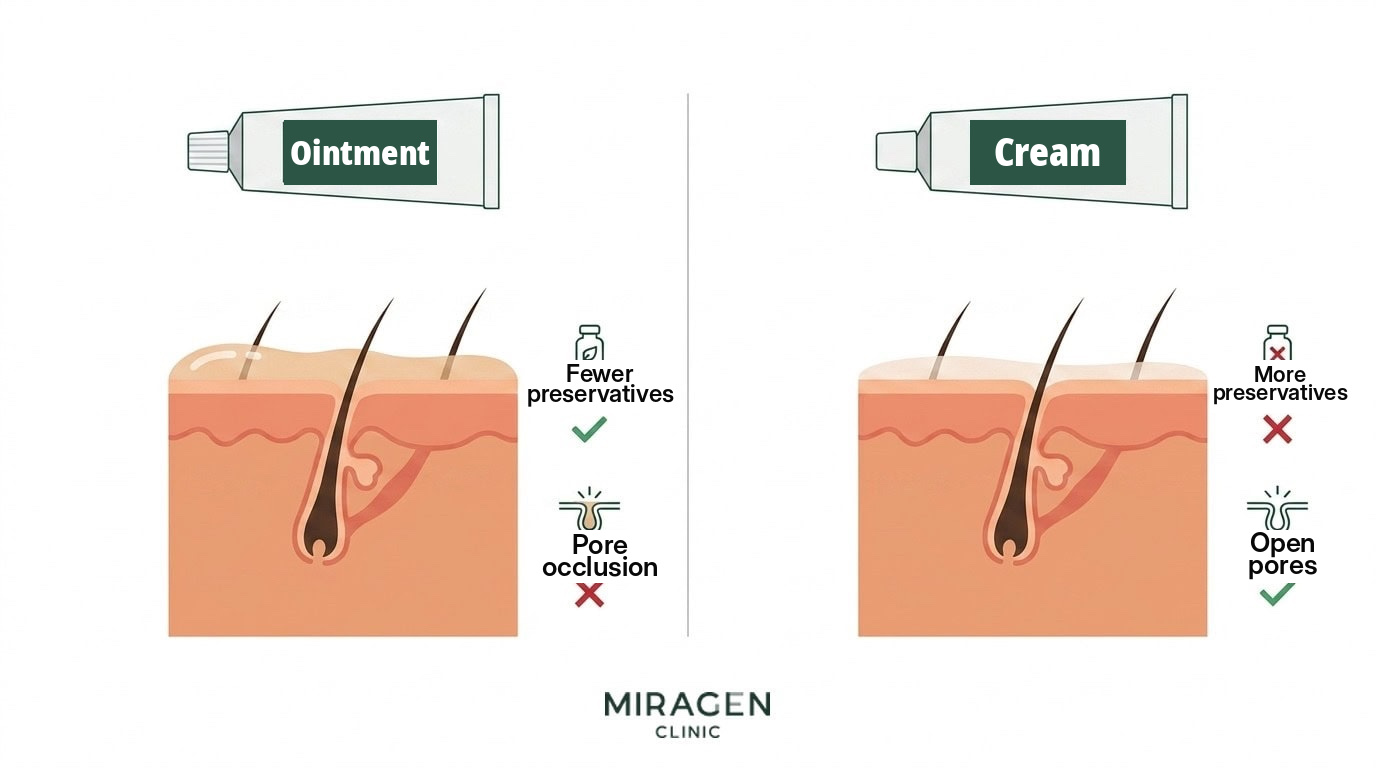 An illustration comparing skin cross-sections for ointment vs. cream formulations—showing that ointments have fewer preservatives but can occlude pores, while creams have more preservatives but clog pores less—serving as a guide for choosing facial atopic dermatitis ointments