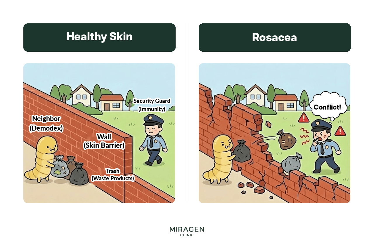 Illustration metaphorically explaining the limitations of attempting to suppress demodex mites with sulfur soap — how mites proliferate through a compromised skin barrier, exacerbating rosacea.