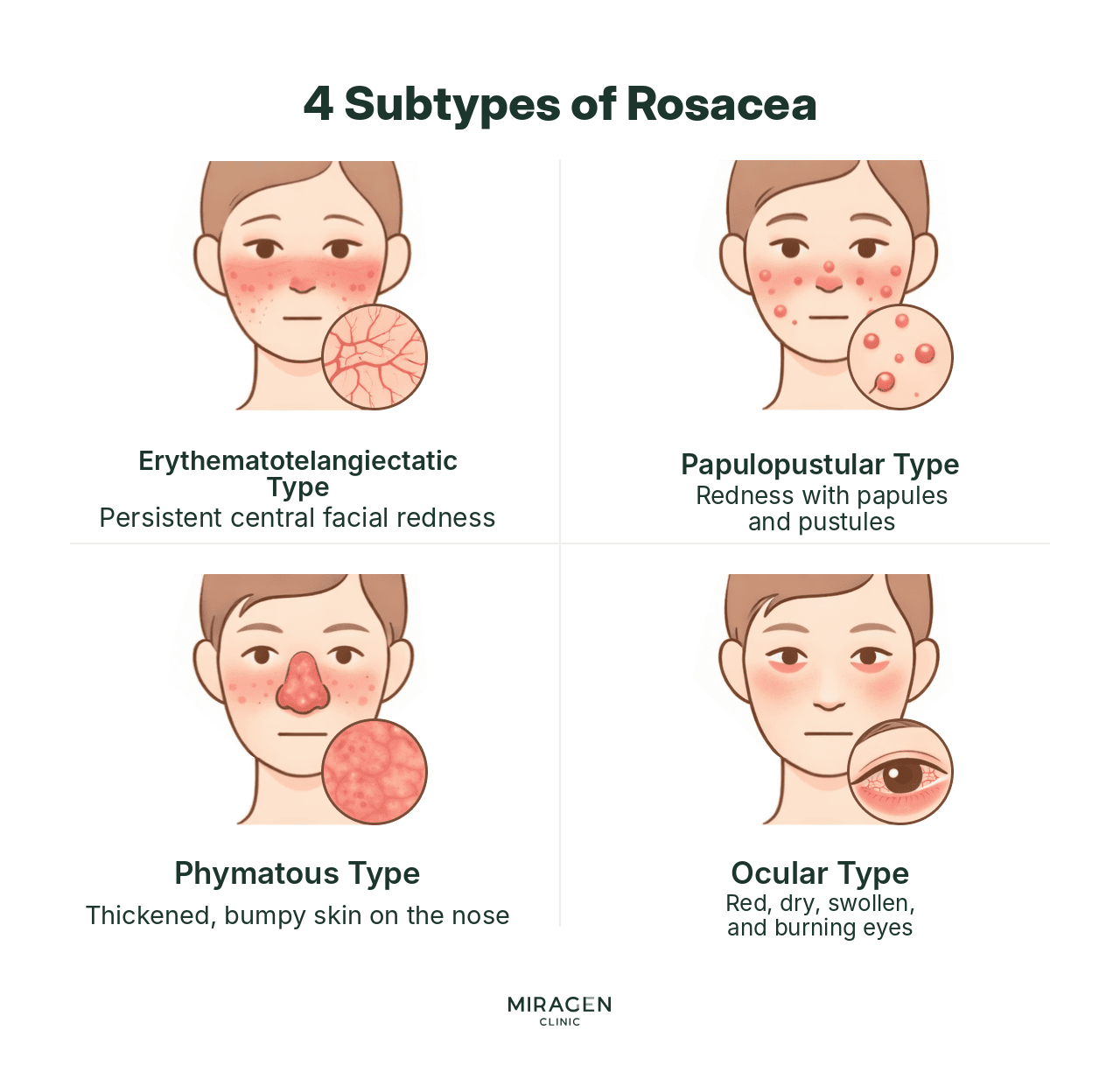 Comparison of the Four Types of Rosacea A visual comparison of the four subtypes of rosacea: Erythematotelangiectatic (facial flushing), Papulopustular (acne-like papules), Phymatous (thickening of nasal skin), and Ocular (bloodshot and dry eyes).