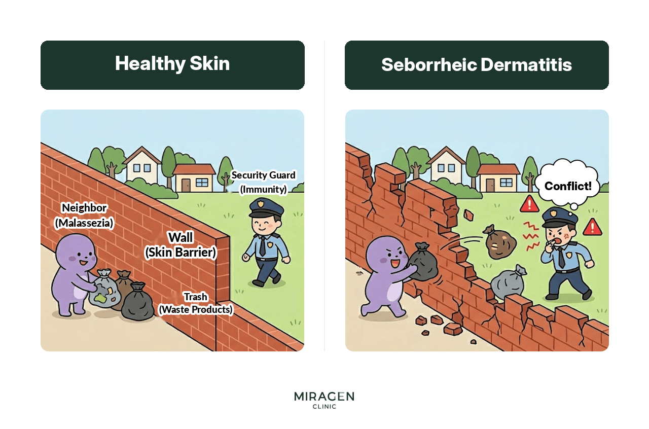 Wall Analogy for Seborrheic Dermatitis, Barrier, and Immune Response An infographic using an analogy to explain the skin barrier, Malassezia, and immune response: normal skin is like a sturdy wall blocking a neighbor's trash, while seborrheic dermatitis is like a collapsed wall leading to friction with security guards.