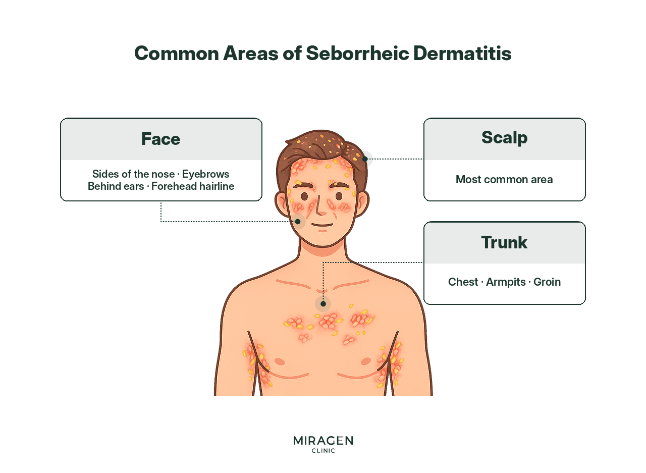 Common Areas for Seborrheic Dermatitis: Scalp, Face, Trunk An infographic using a male upper body illustration to indicate common areas for seborrheic dermatitis, including the scalp, face (sides of the nose, eyebrows, behind the ears, forehead hairline), and trunk (chest, armpits).