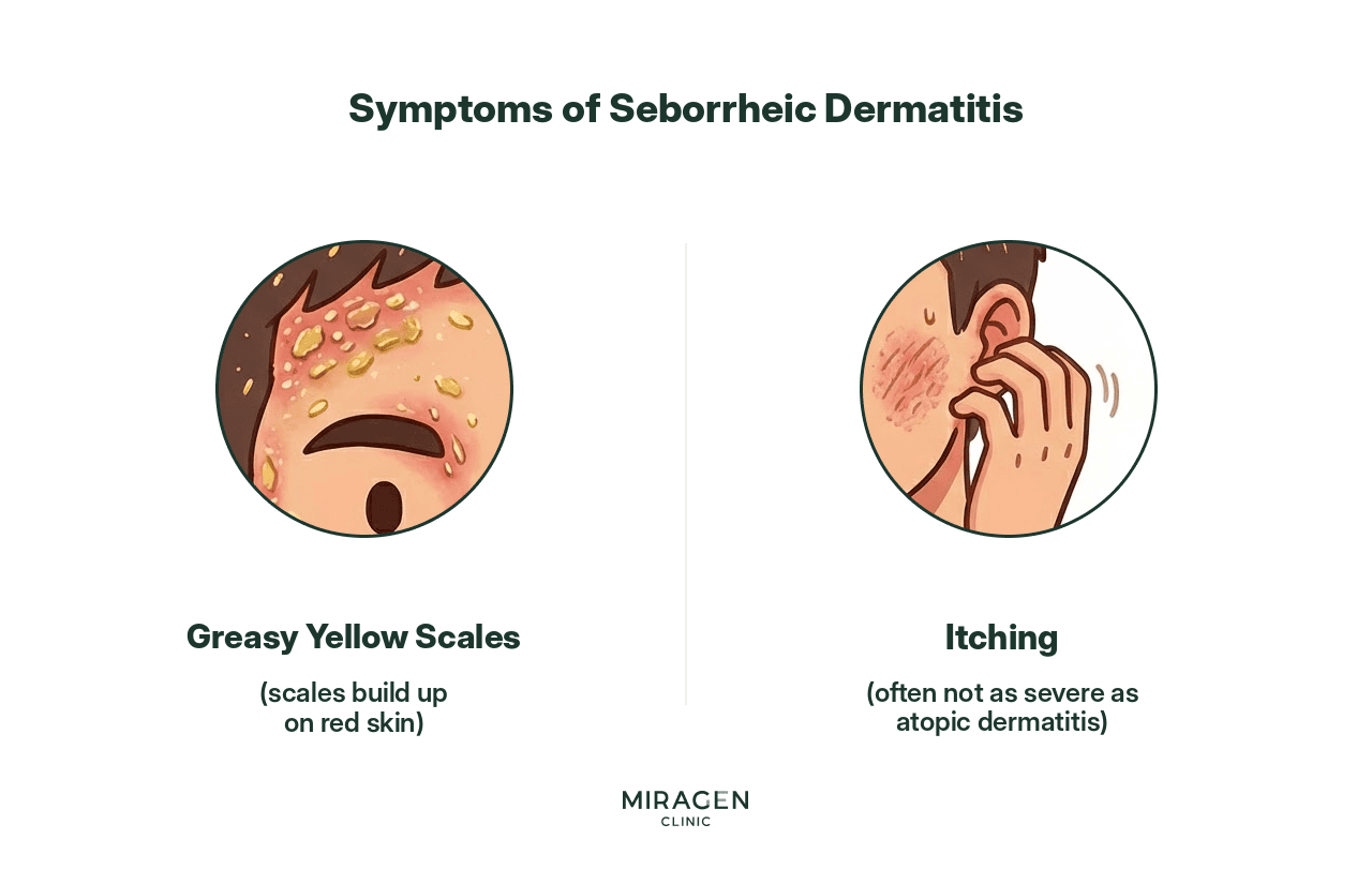 Seborrheic Dermatitis Symptoms: Yellow Scales and Itching An infographic illustrating the two representative symptoms of seborrheic dermatitis: oily yellow scales accumulating on red skin and itching that is milder than atopic dermatitis.