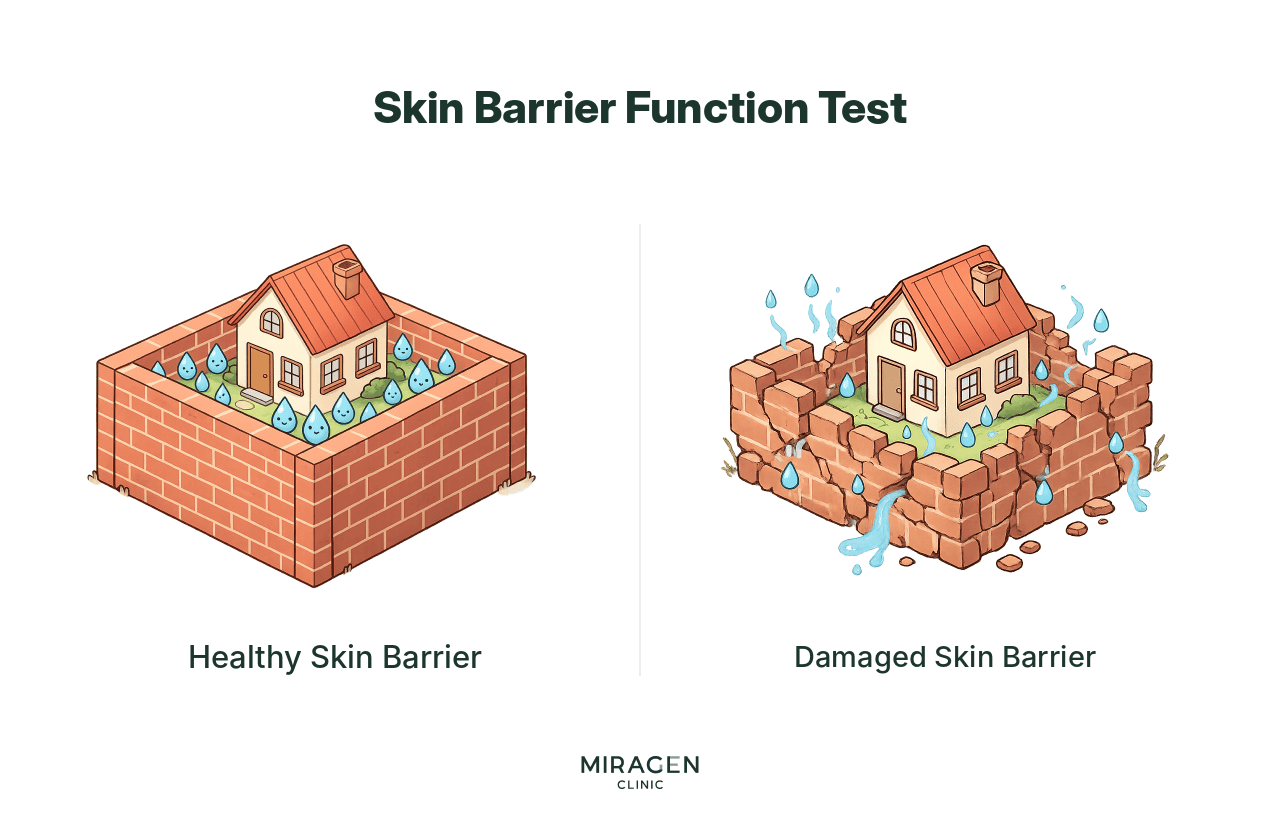 Infographic illustrating the skin barrier function test that measures the amount of water evaporating from the skin surface (TEWL, Trans-Epidermal Water Loss) to quantify the degree of skin barrier damage
