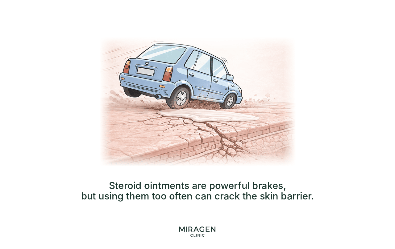 Steroids are an Emergency Brake Infographic comparing steroids to an emergency brake — it stops powerfully in an emergency, but continuous use can wear out the brake pads (skin barrier).