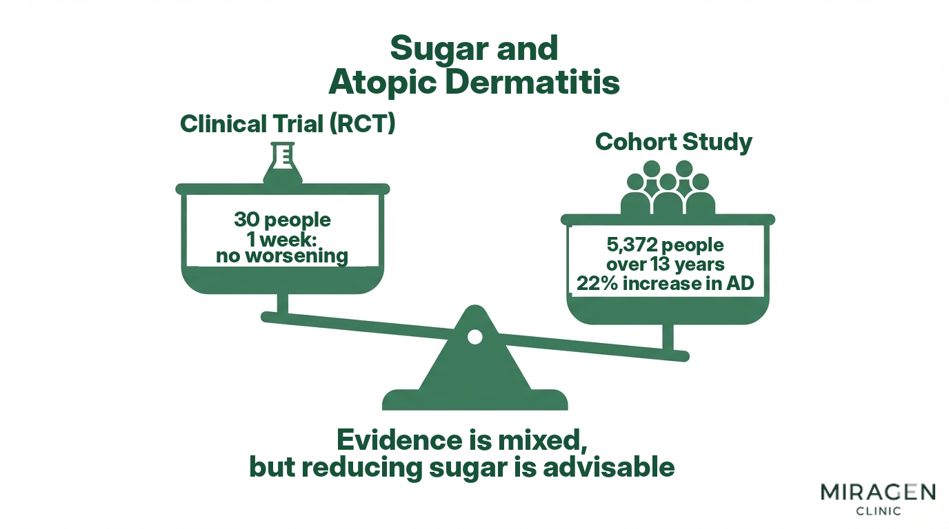 Infographic comparing evidence for sugar and atopic dermatitis An infographic comparing the level of evidence by placing the conflicting results of a short-term clinical trial of 30 people and a long-term observational study of 5,372 people on a scale regarding the relationship between sugar and atopic dermatitis.