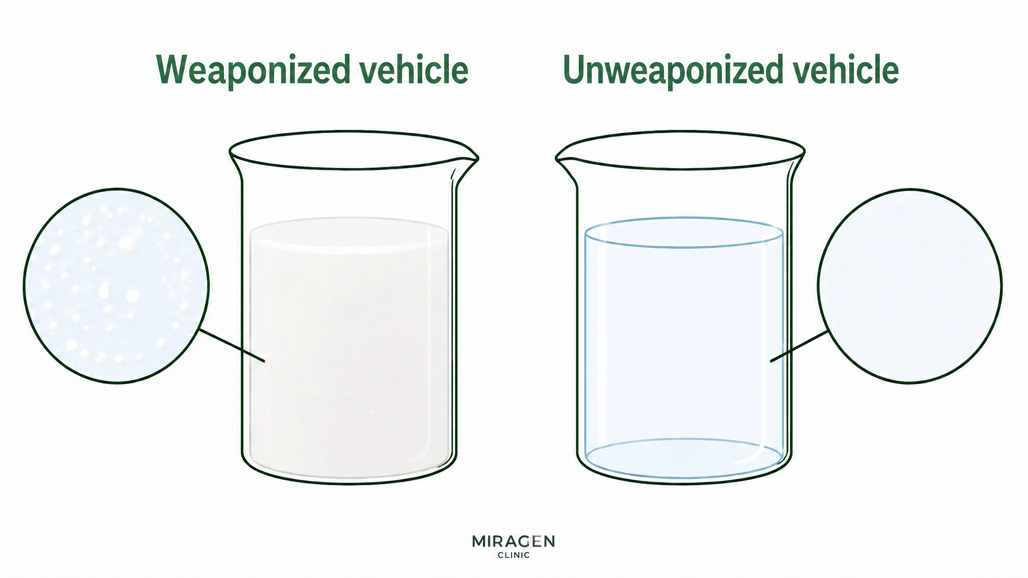 An illustration comparing physical and chemical sunscreens using beakers, showing physical blockers as cloudy particles and chemical blockers as transparently dissolved.