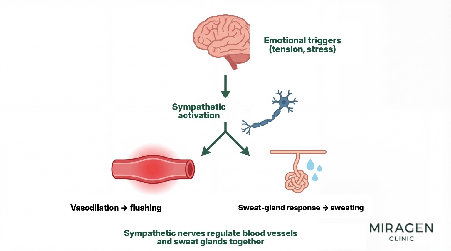 Emotional Flushing Sympathetic Pathway Diagram illustrating the sympathetic pathway of emotional flushing. Shows how emotional stimuli activate the sympathetic nervous system, leading to vasodilation that causes flushing and sweat gland response that produces sweating simultaneously.