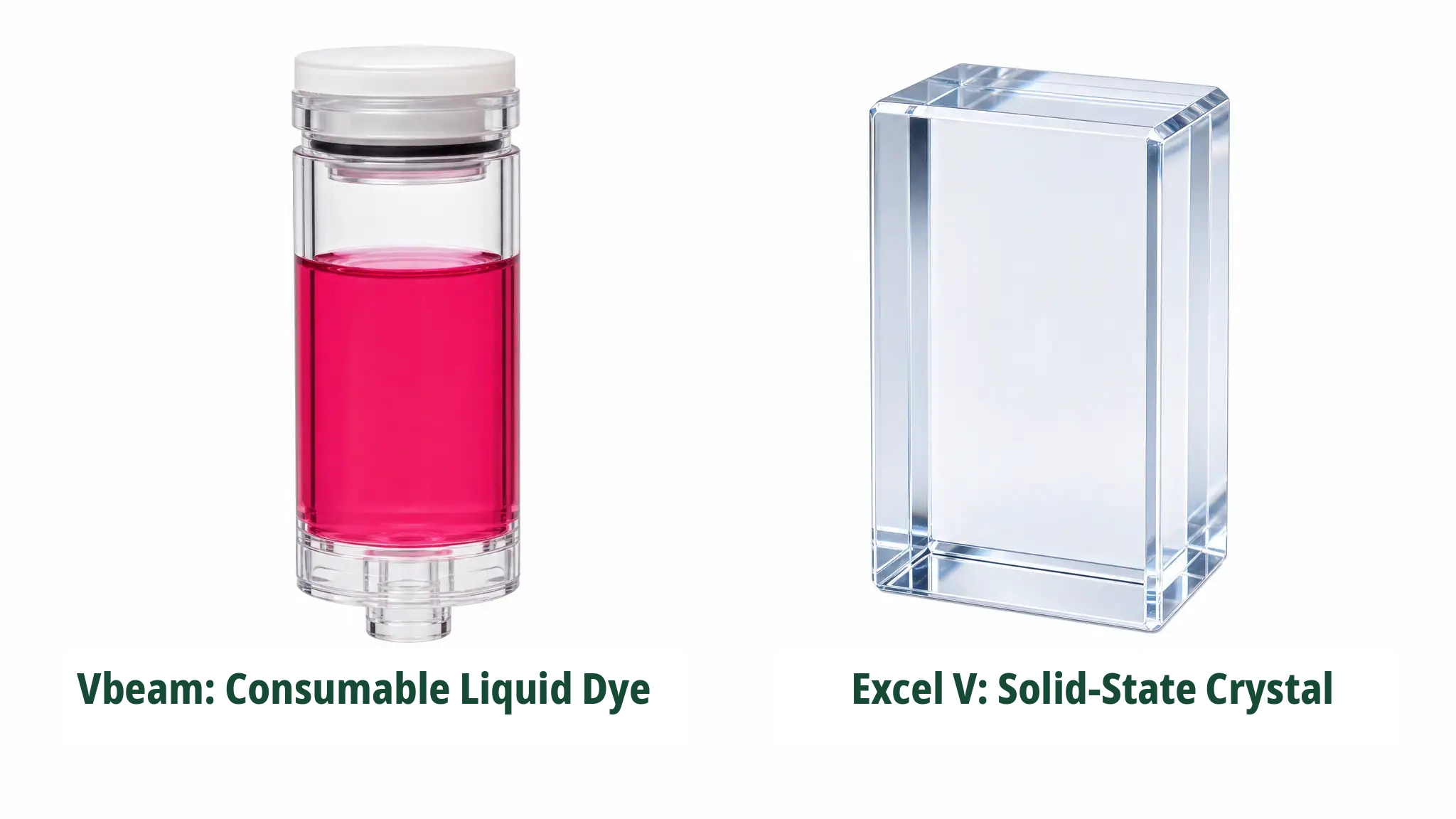 Comparison of Vbeam dye and Excel V crystal media Comparison illustration showing a dye cartridge filled with pink liquid on the left and a transparent crystal block on the right, highlighting the difference in light-source media between Vbeam and Excel V