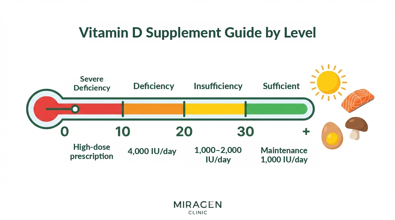 Vitamin D supplementation guide infographic by level A guide infographic visualizing deficiency stages and recommended supplement doses by level based on vitamin D test results, in a thermometer format