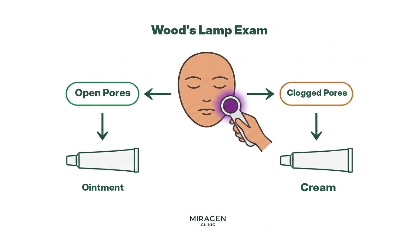 A facial atopic dermatitis ointment prescribing flowchart: after checking pore status with a Wood’s lamp exam, choose ointment if pores are open, and cream if pores are clogged
