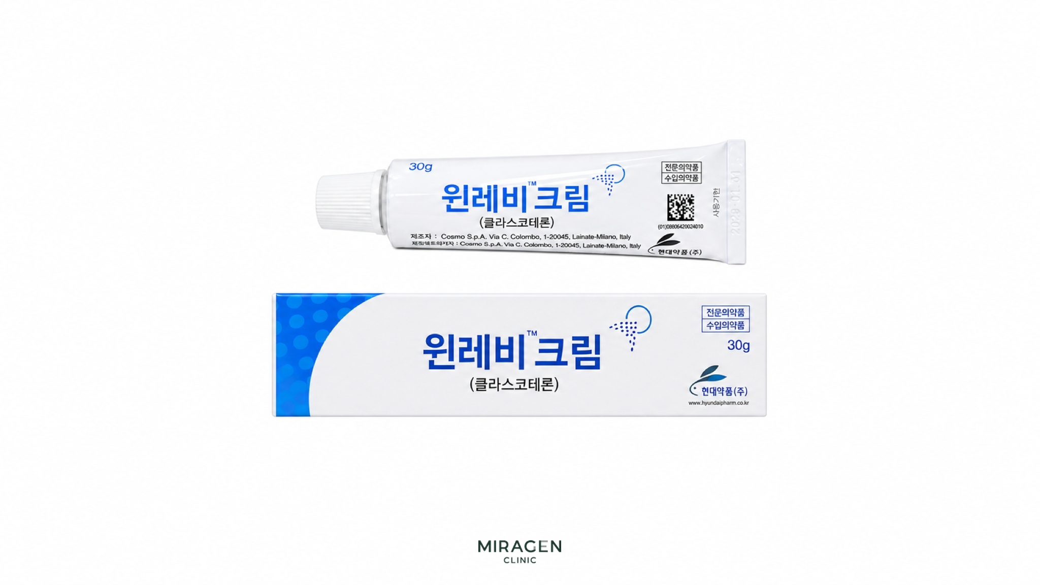 Product photo showing a 30g tube of Winlevi Cream and its product box arranged vertically on a white background, allowing the actual packaging and volume of the 1% clascoterone topical prescription drug to be seen at a glance.