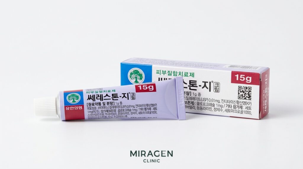 스테로이드 연고 등급 · 대표 이미지 쎄레스톤지 크림 제품 사진으로 흰색 배경 위에 튜브와 박스가 나란히 놓여 있는 약국 구매 가능 스테로이드 외용제
