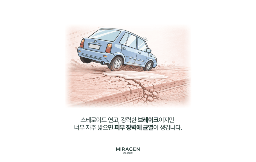 스테로이드 연고 등급 · 본문 이미지 스테로이드 연고를 자동차 급브레이크에 비유한 일러스트로, 급할 때 유용하지만 너무 자주 밟으면 피부 장벽에 균열이 생길 수 있음을 경고